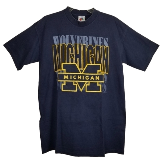 Vintage Single Stitch T Shirt Embroidered Michigan Wolverines Blue Mens Large - Picture 1 of 9